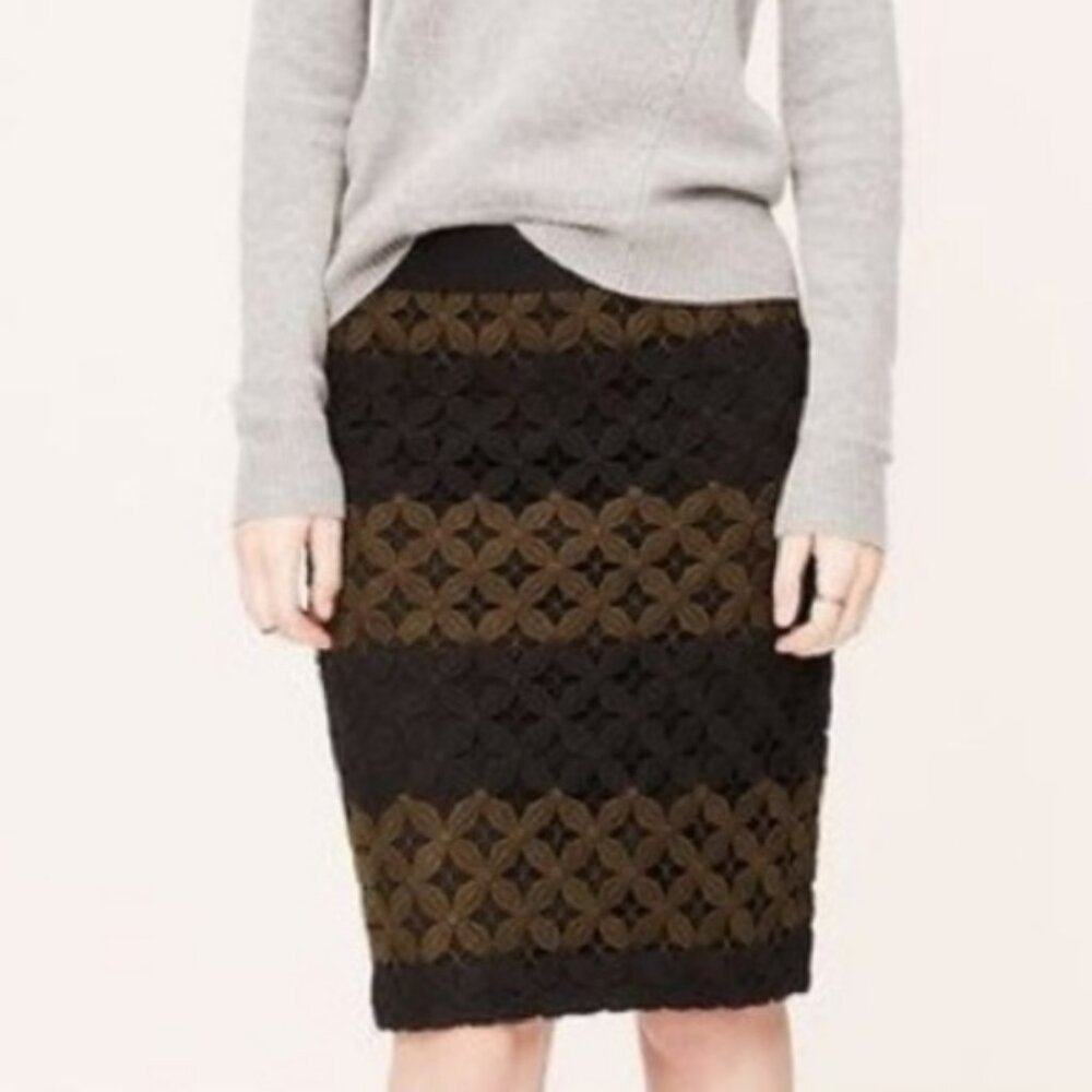 LOFT Black Taupe Olive-Brown Chunky Striped Crochet Knit Sweater Pencil Skirt 10